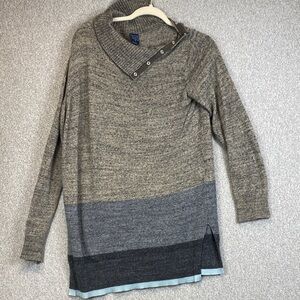 GAP asymmetrical funnel neck sweater M heathered brown and gray stripe modern